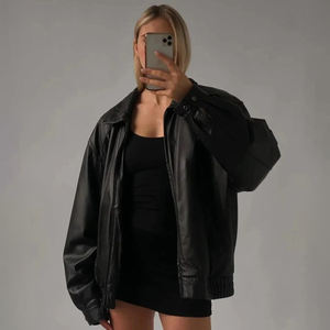 Service OEM Blouson bombardier en cuir surdimensionné pour femmes en cuir véritable fermeture éclair décontracté doublure en coton respirant séchage rapide - Product Image 5