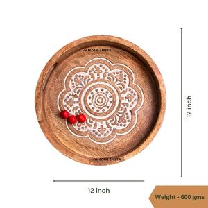 ถาดเสิร์ฟทรงกลมลายดอกไม้สำหรับตกแต่งบ้านทันสมัยจานไม้ทำด้วยมือพร้อมที่จับไม้มะม่วงสำหรับโชว์เสิร์ฟ - Product Image 5