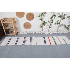 พรมตุรกีแบบวินเทจทันสมัยสีขาวสีฟ้าลาย1.9 x 9.2ft ผ้าขนสัตว์วัสดุลาเท็กซ์สำรองพื้นที่ขนาดใหญ่สไตล์โบโฮสำหรับโถงทางเดินสี่เหลี่ยมผืนผ้า - Product Image 1