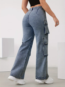 Femmes taille haute Cardo Denim pantalon jean plusieurs poches Streetwear jambe large Style empilé Cargo Denim Jean pour l'hiver - Product Image 4