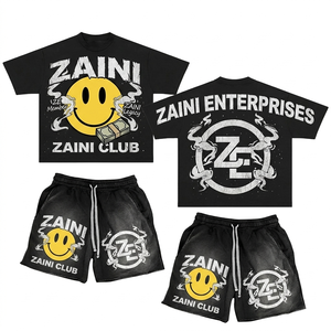 280 GSM Premium Polyester Terry Men T Shirt Short <b>Set</b> Black Custom DTF Print Oversized Fit Breathable Summer Private Label OEM - Product Image 1