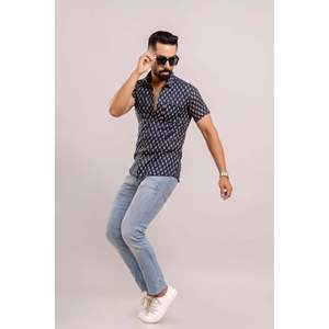Chemise décontractée pour homme en coton bleu marine 100 % popeline tissée et lin imprimé floral ethnique à manches courtes respirante en denim - Product Image 6
