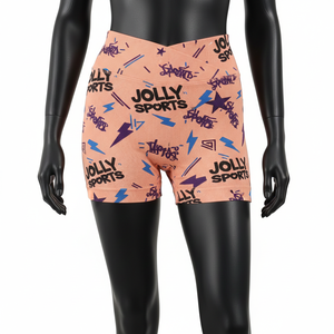 Shorts de sport pour femme en polyester et élasthanne, maille côtelée extensible GSM de haute qualité, couleur pêche, impression par sublimation, logo. - Product Image 1