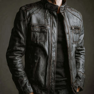 Veste en cuir de moto pour homme en peau de mouton véritable avec fermeture éclair, col montant, logo frontal, coupe-vent - Product Image 1