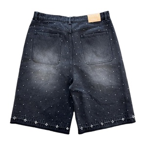 Pantalones cortos de mezclilla de algodón lavados oscuros con diamantes de imitación holgados personalizados para hombre, Pantalones vaqueros de moda para hombre, pantalones cortos rectos de verano para la calle - Product Image 2