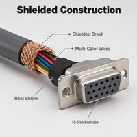 كابل موصل أنثى DB15 D-Sub بـ 15 دبوس، سلك HD15 محمي RVVP للتحكم الصناعي ومعدات الاختبار
