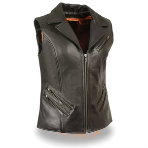Gilet de moto en cuir véritable pour femme, veste de motard, fermeture à pression sur le devant, style franges, gilets en cuir noir pour femme - Product Image 2