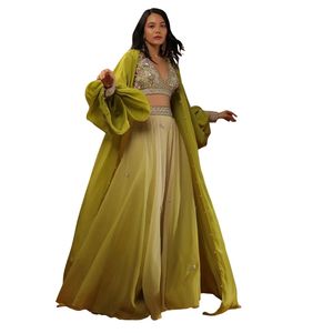 Citrus Green Palazzo Set With <b>Cape</b> And Embroidery Wholesale Women Ethnic Apparel OEM Clothing Factory Custom Party Outfit - Product Image 2