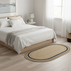 Tapis ovale classique durable en jute naturel, fabriqué à la main, bordure à rayures noires, réversible, lavable et écologique pour les zones à fort trafic - Product Image 2