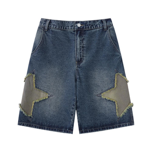 Shorts baggy pour hommes en denim délavé de haute qualité respirant à taille mi-haute avec logo brodé personnalisé, streetwear été 2025 - Product Image 1