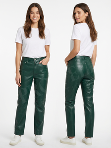 Pantalon en cuir unisexe à logo personnalisé, taille mi-haute, jambe droite, cinq poches, boucle de ceinture, style boutonnière, pantalon en cuir pour femmes - Product Image 2