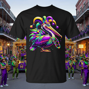 Camiseta colorida de Mardi Gras con diseño de pelícano, sombrero de payaso y cuentas, temática de Luisiana - Product Image 3