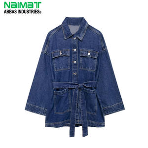 Veste en jean surdimensionnée pour femmes avec ceinture à nouer, veste en jean à lavage foncé tendance, manches longues, coupe ample, vêtements d'extérieur en jean pour femmes - Product Image 1