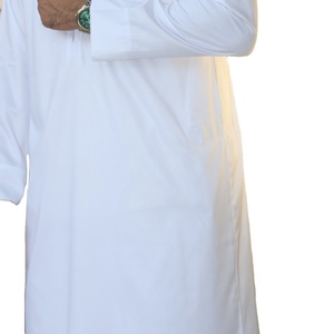 ชุดคลุมอาหรับผู้ชายแบบ Thobe Jubbah ผ้าฝ้าย คอตั้งกลาง เสื้อผ้าอิสลาม ชุดคลุมอาหรับแบบดูไบ สไตล์อาบายะ คาฟตัน สีขาวย้อม - Product Image 3