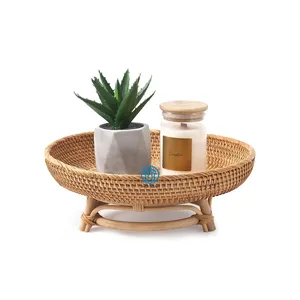 New Collection Unique Rattan <b>Round</b> <b>Trays</b> With Stand Handmade Vintage Decor Style Natural Woven Rattan <b>Trays</b> - Product Image 1