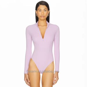 ملابس السباحة النسائية الأوروبية الأمريكية-الأمريكية من قماش النايلون بأكمام طويلة ملابس السباحة النسائية الأنيقة ذات البذلات الصلبة ذات الشعار الخاص مصنع ملابس الشاطئ - Product Image 3