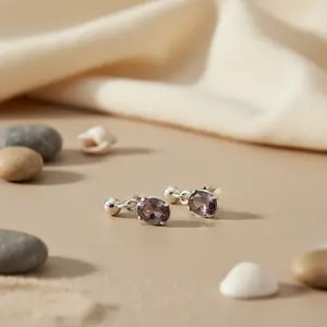 Boucles d'oreilles pendantes ovales en argent 925 avec améthyste, plaqué or, design géométrique, pour mariage et soirée, avec zircon, diamant et perle - Product Image 2