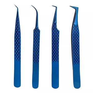 Ensemble de 4 pinces à épiler pour Extensions de cils à poignée en diamant-fourniture de cils en acier japonais (bleu) emballage de couleur avec LOGO en acier inoxydable - Product Image 4