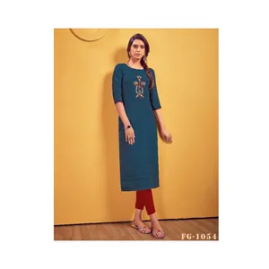Eye Catching Design New Viscose Hand Embroidery Work with Original Mirror Work Straight Cut Kurti from Trusted Supplier