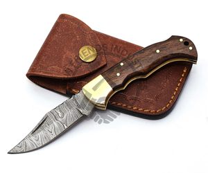 Couteau pliant Damas fait main 6,5 pouces, couteau de poche avec manche en bois de rose, étui en cuir pour homme, pour la chasse, le camping, les mariages, les garçons d'honneur - Product Image 6