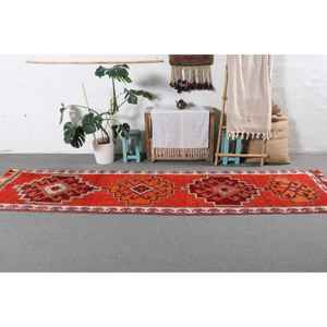 Turkish 2.8x12.1 ft Rug, <b>Runner</b> Vintage Rug, <b>Red</b> Orange Ombr Wool Rug - Product Image 3