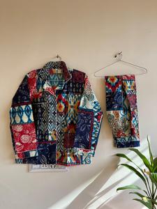 Pijama indio de lujo con estampado de retazos, conjunto de dormir estampado a mano, ropa de dormir transpirable, mangas Sexy, ropa de descanso navideña - Product Image 3