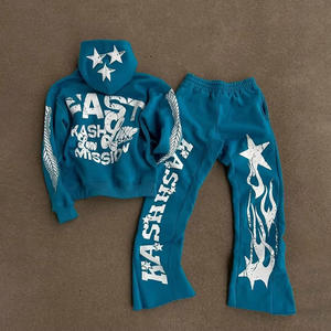 2025 Winter Men's Distressed <b>Embroidery</b> Tracksuit <b>Set</b> with Flare Sweatpants and Hoodie 100% Cotton Breathable High Quality - Product Image 2