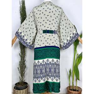Upcycled Boho Silk <b>Cardigan</b> Short Summer Mantel Morning Mantel Loungewear with Small Stripes Tropica - Product Image 3
