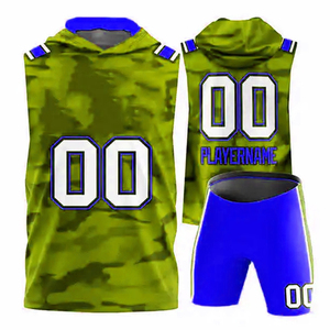 Latest New Custom Sublimated Blue Camo <b>Yellow</b> Hooded <b>Tank</b> <b>Top</b> Shorts Set Basketball 7v7 Uniform Player 00 OEM Service - Product Image 5