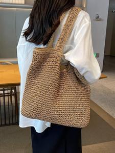 Sac à main en raphia tressé ouvert pour femme, grand cabas de plage pour les vacances, sac artisanal en paille souple - Product Image 5