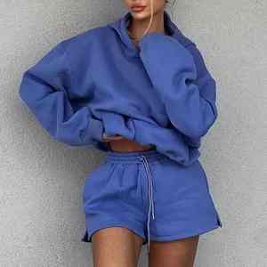 Ensemble de vêtements de sport décontractés pour femmes avec logo personnalisé, 2 pièces, sweat-shirt et short de survêtement, 100% coton - Product Image 3