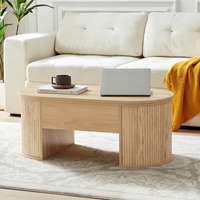 Table basse relevable ovale en chêne naturel rainuré, design japonais moderne, extensible, pour salon – Meuble de salon dissimulé – Ventes flash
