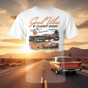 T-shirt promozionale in stile vintage con auto d'epoca degli anni '50 e '60 - Good Vibes & Classic Rides - Product Image 3