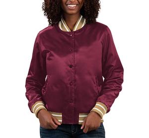 Veste de baseball en satin pour femmes de couleur unie avec fermeture éclair Veste universitaire de basket-ball pour femmes de bonne qualité - Product Image 1