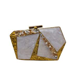 Geometric Panelled Mother of Pearl Clutch with Pearl Crystal Detailing and <b>Gold</b> Tone Frame Luxury <b>Evening</b> Handbag mop <b>bag</b> - Product Image 1