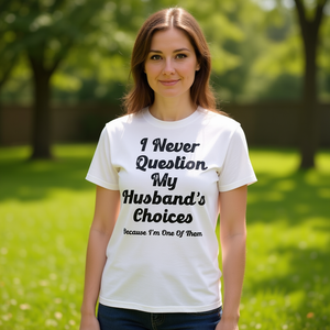 Camiseta Promocional para Mujer con Gráfico 'Nunca Dudo de las Decisiones de Mi Esposo Porque Soy Una de Esas Decisiones' - Product Image 1