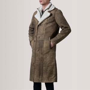 Distressed Brown Leather <b>Shearling</b> Overcoat Waterproof Hooded Long Winter <b>Coat</b> - Product Image 3