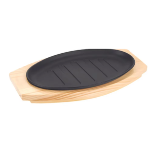 Venta al por mayor de placas Sizzler de hierro fundido con logotipo personalizable, respetuosas con el medio ambiente, base de madera, diseño ovalado, grado alimenticio para cocinar en casa, precio bajo - Product Image 4