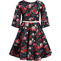 Robe d'été vintage en mousseline imprimée florale pour filles, avec ceinture, boutons, manches 3/4, mignonne, délicate, coupe trapèze, maxi, col en V