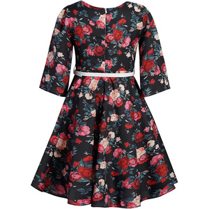 Vestido de Verano de Gasa con Estampado Floral Vintage para Niñas, con Cinturón, Mangas 3/4, Lindo y Delicado - Product Image 6