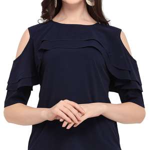 เสื้อแฟชั่นผู้หญิง Shoryam สีน้ำเงิน แบบเปิดไหล่ แต่งระบาย สไตล์ทางการแบบตะวันตก เสื้อยืดดีไซน์เนอร์ผ้าเครป แห้งเร็ว - Product Image 3