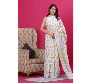 Haute qualité coton doux Malmal Sari femmes belle conception imprimée à la main séchage rapide léger longueur au sol fêtes indiennes - Product Image 2