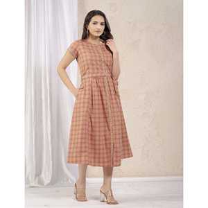 Vestido Corto Estampado de Algodón Color Durazno, Elegante, Casual, Hasta la Rodilla, Mangas Abullonadas, Cierre de Cremallera, Transpirable, Cintura Natural, para el Día a Día y Fiestas, Talla XS - Product Image 6