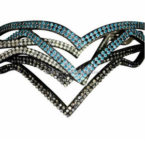 Beau design personnalisé double v en cuir, bande de sourcil de cheval avec 2 rangées de diamants étincelants, bande de sourcil bling - Product Image 6