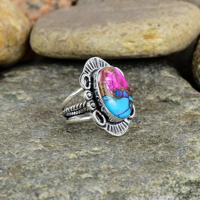 Bague bohème vintage Navajo en argent sterling 925 massif plaqué rhodium avec turquoise naturelle d'huître épineuse rose, sertie clos, 10x14mm