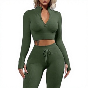 Women's High Funnel Neck Crop Tops and Tummy <b>Control</b> Leggings Long Sleeve Workout Shirt Printed 2-Piece Fitness Sets - Product Image 1