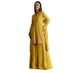 Ivory <b>Silk</b> Kurta Palazzo Suit With Applique <b>Organza</b> Dupatta Wholesale Women Ethnic Apparel OEM Clothing Factory Bulk Supplier - Product Image 3