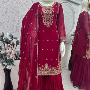 Ensemble Sharara en Georgette de Luxe Unity avec Broderie et Bordure Épaisse, Idéal pour les Fêtes et les Mariages - Product Image 1