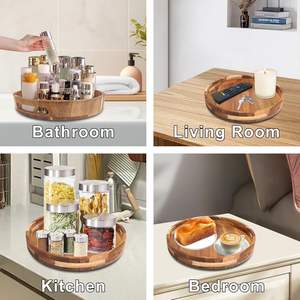 Grand plateau tournant en bois d'acacia avec double poignée, organisateur d'épices, durable, léger, écologique, pour bouteilles et bocaux de rangement - Product Image 2