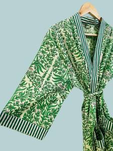 Robe kimono en coton vert imprimée à la main, grande taille, pour femme, peignoir floral léger, vêtement de détente - Product Image 5
